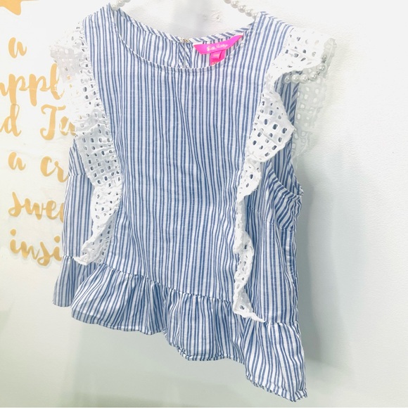 LILLY PULITZER Ellis Peplum Blue Stripe Eyelet Ruffle Sleeveless Top Blo… - Picture 4 of 13